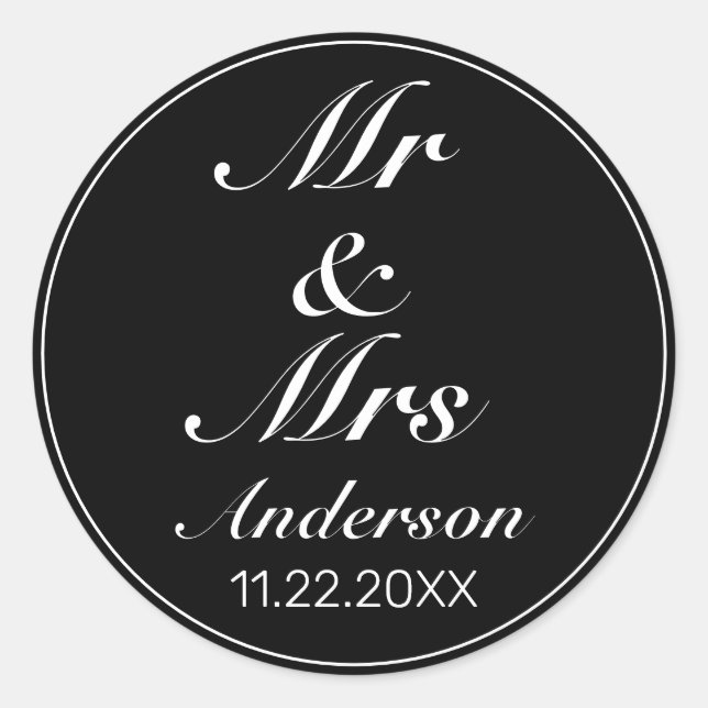 Modern Minimalist White Black MR MRS Wedding Classic Round Sticker (Front)