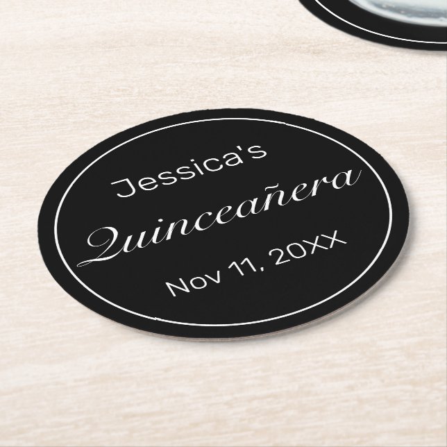 Modern Minimalist White Black Quinceanera Round Paper Coaster (Angled)