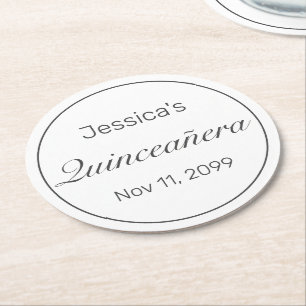 Modern Minimalist White Black Quinceanera Round Paper Coaster