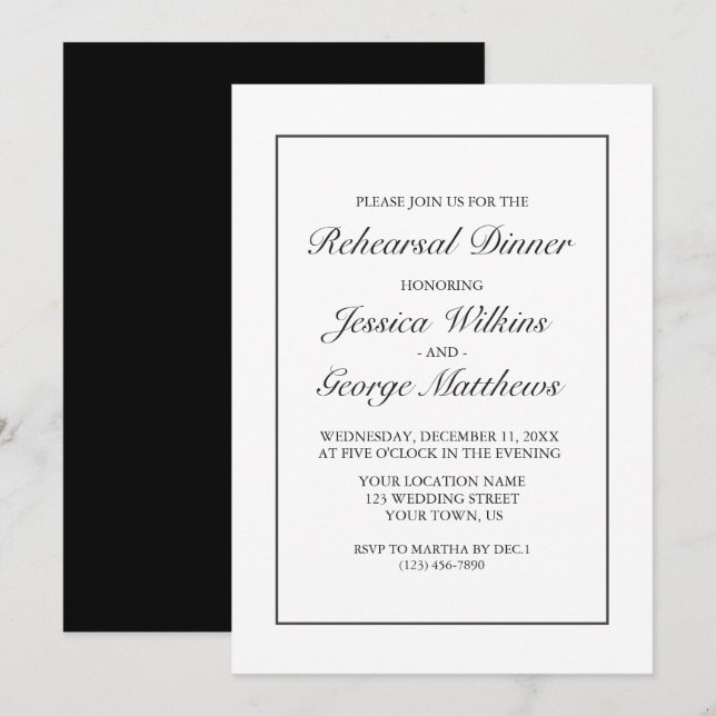 Modern Minimalist White Black Rehearsal Dinner Invitation (Front/Back)