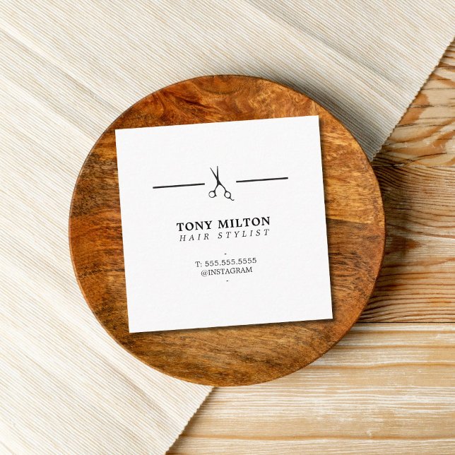 Modern Minimalist White Black Scissors Hairdresser Square Business Card (Creator Uploaded)
