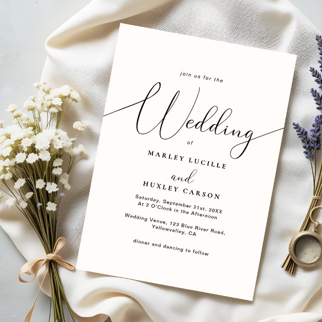 Modern Minimalist White Black Script Wedding Invitation (Creator Uploaded)