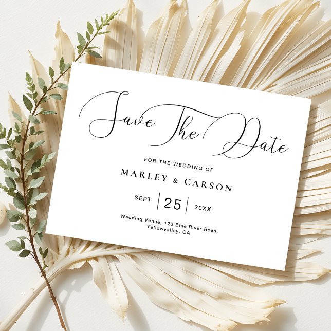 Modern Minimalist White Black Script Wedding Save The Date (Creator Uploaded)