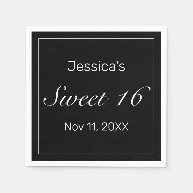 Modern Minimalist White Black Sweet 16 Napkin (Front)