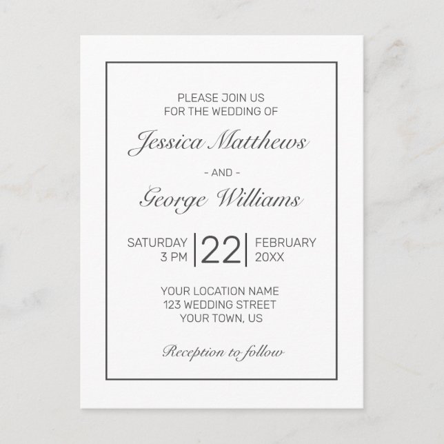 Modern Minimalist White Black Wedding invitation Postcard (Front)