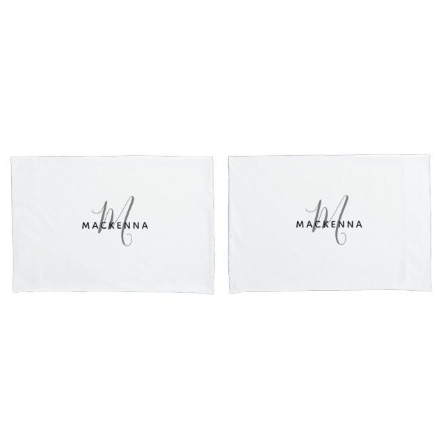 Modern Minimalist White Girly Monogram Script Name Pillowcase (Front-Set)
