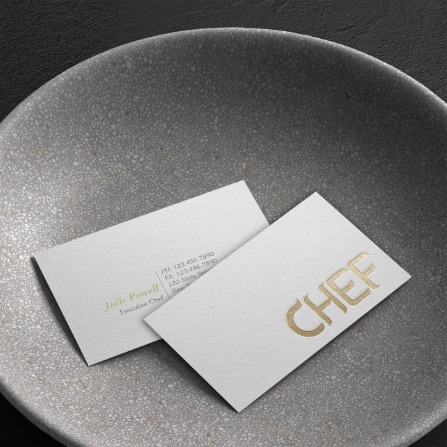 Modern Minimalist White & Gold Embossed Text Chef Business Card (Creator Uploaded)