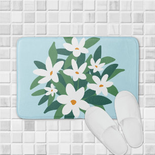 Modern Minimalist White Jasmine Floral on Blue Bath Mat