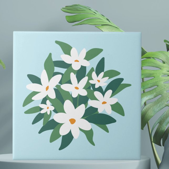 Modern Minimalist White Jasmine Floral on Blue Ceramic Tile (Close up)