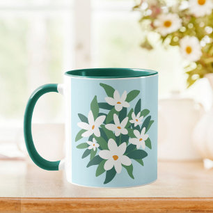 Modern Minimalist White Jasmine Floral on Blue Mug
