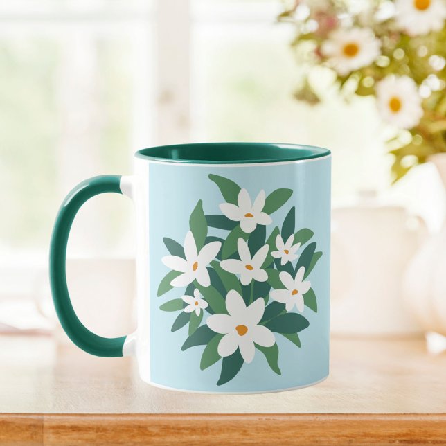 Modern Minimalist White Jasmine Floral on Blue Mug (In situ Kitchen table)