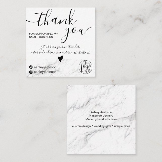 Modern minimalist white marbe order thank you square business card (Front/Back)