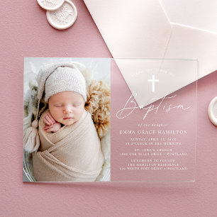 Modern Minimalist White Script Photo Baptism Acrylic Invitations