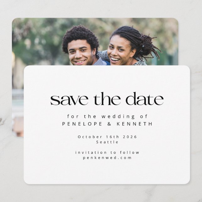 Modern Minimalist White Simple Photo Wedding Save The Date (Front/Back)