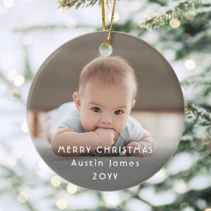 Modern Minimalist White Typography Overlay 2 Photo Ceramic Ornament