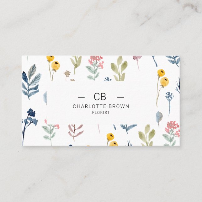 Modern Minimalist Wild Flowers Monogrammed Business Card (Front)