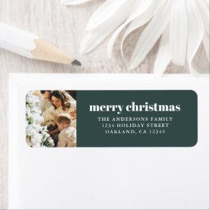Modern Minimalist with Photo Green Merry Christmas Return Address Label