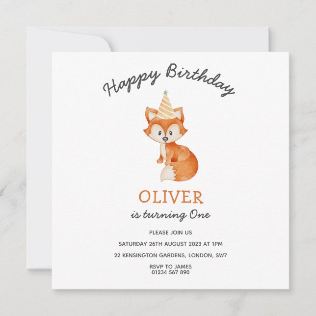 Modern Minimalist Woodland Fox first birthday (Front)