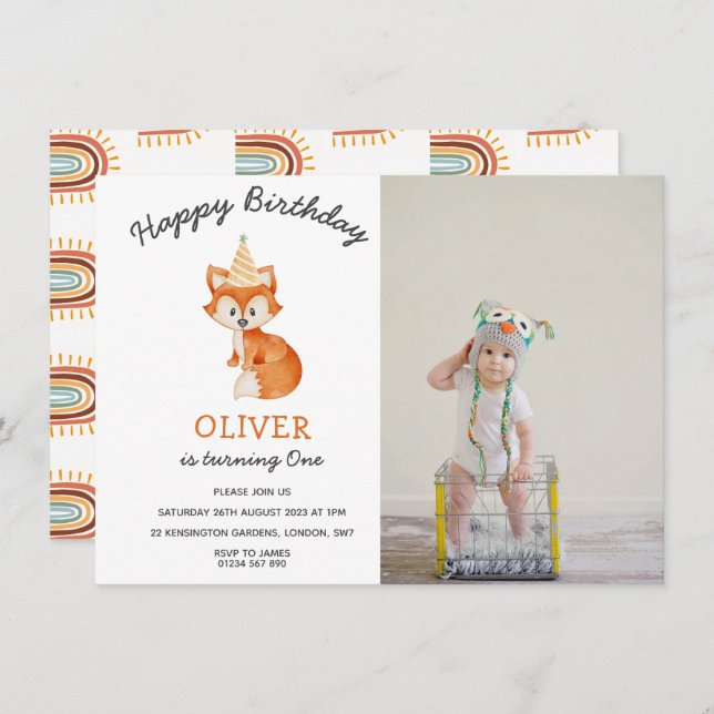 Modern Minimalist Woodland Fox first birthday (Front/Back)