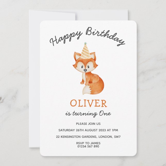 Modern Minimalist Woodland Fox first birthday Invitation (Front)