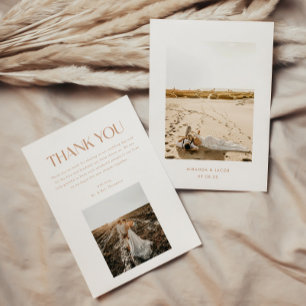 Modern Minimalistic 2-Photo Beige Wedding Thank You Card