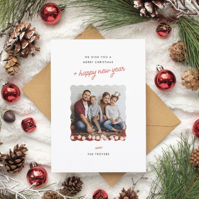 Modern Minimalistic Holiday Photo Card Wavy Border (Minimal classic holiday cards)