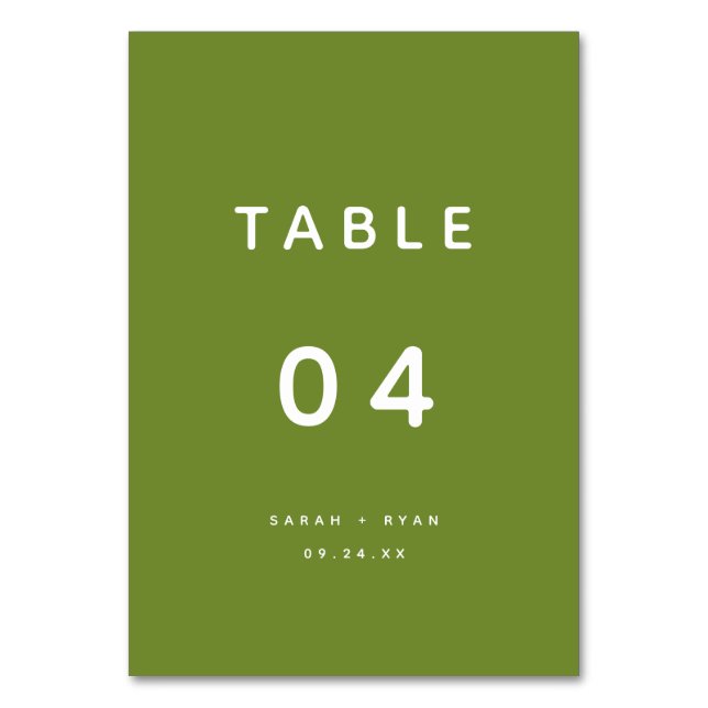 Modern Minimalistic Olive Green Custom Wedding Table Number (Front)