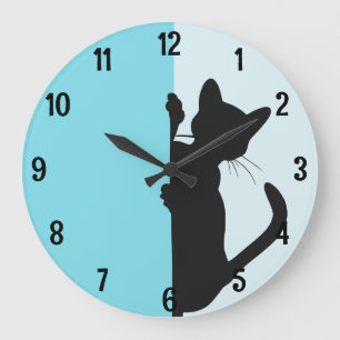 Modern Minimalistic Peeking Kitty Cat - Blue Large Clock