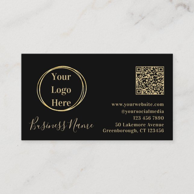 Modern Minimalistic QR Code Black Gold Business Card (Front)
