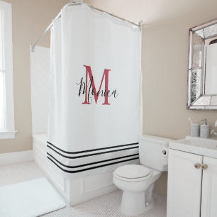 Modern minimalistic white &black maroon monogram  shower curtain