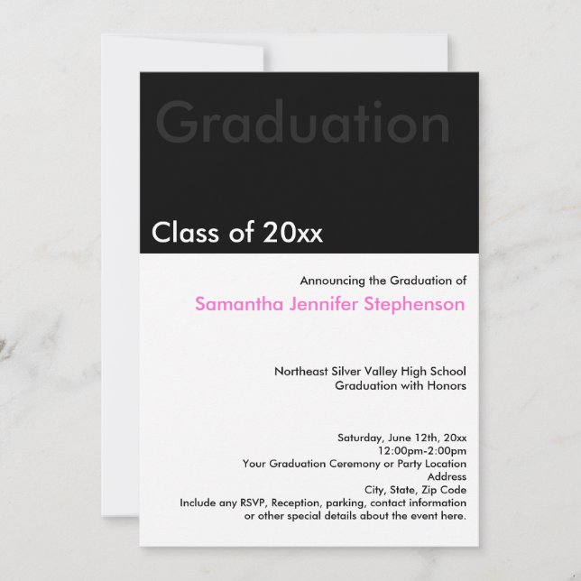 Modern Minimilast Black White Pink Graduation Invitation (Front)