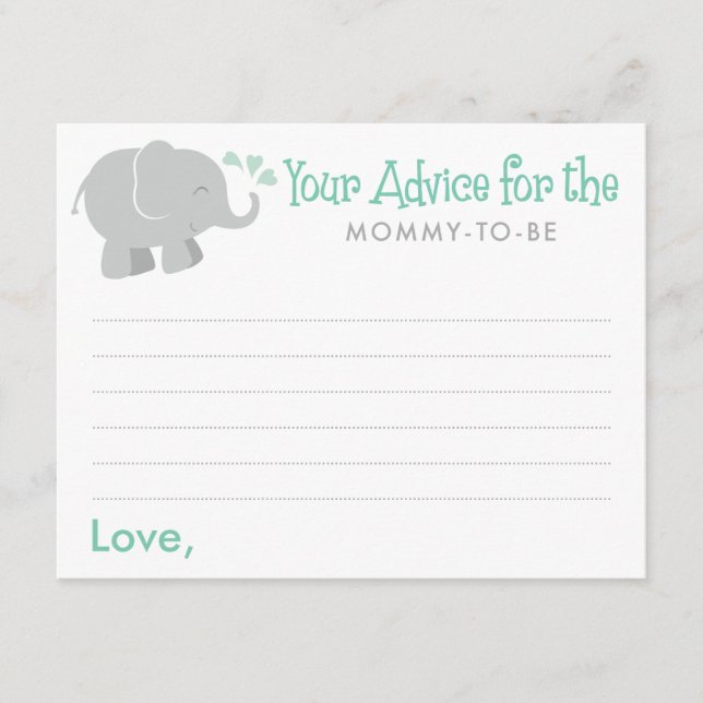 Modern Mint and Grey Elephant Baby Shower Advice Card (Front)