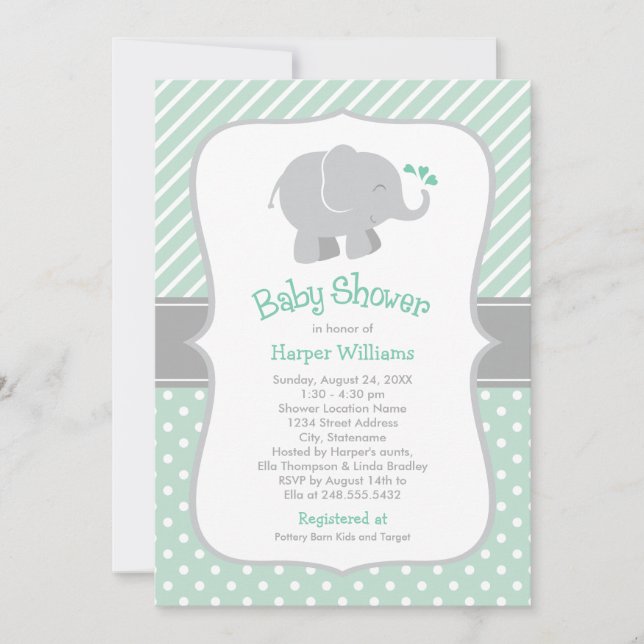 Modern Mint and Grey Elephant Baby Shower Invitation (Front)