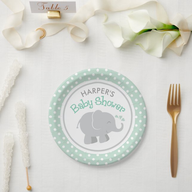 Modern Mint and Grey Elephant Baby Shower Paper Plate (Wedding)
