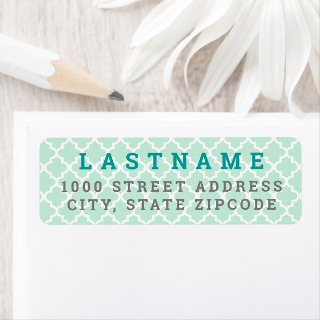 Modern Mint and Teal Quatrefoil Return Address Label (Insitu)