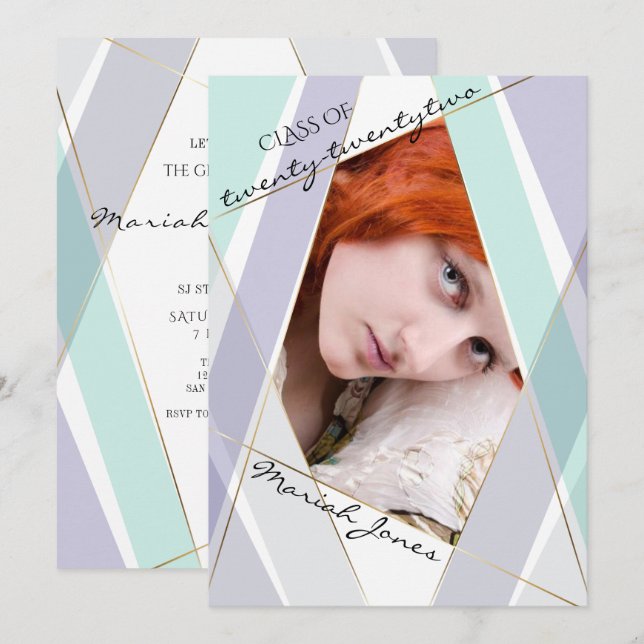 Modern Mint and Violet Geometric Graduate Photo In Invitation (Front/Back)