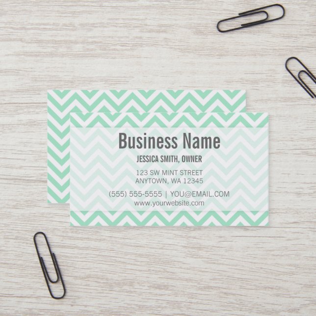Modern Mint and White Chevron Pattern Business Card (Front/Back In Situ)