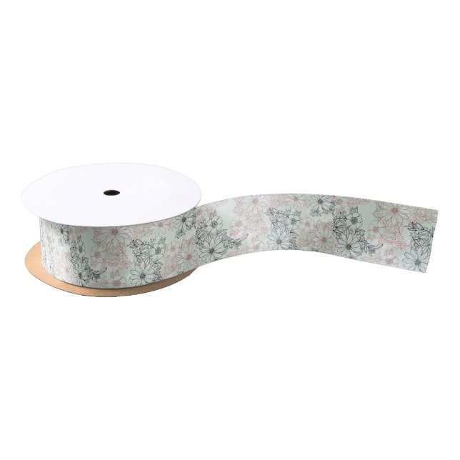 Modern Mint Black Rose Gold Floral Marble Satin Ribbon (Spool)