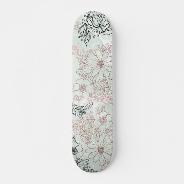 Modern Mint Black Rose Gold Floral Marble Skateboard (Front)