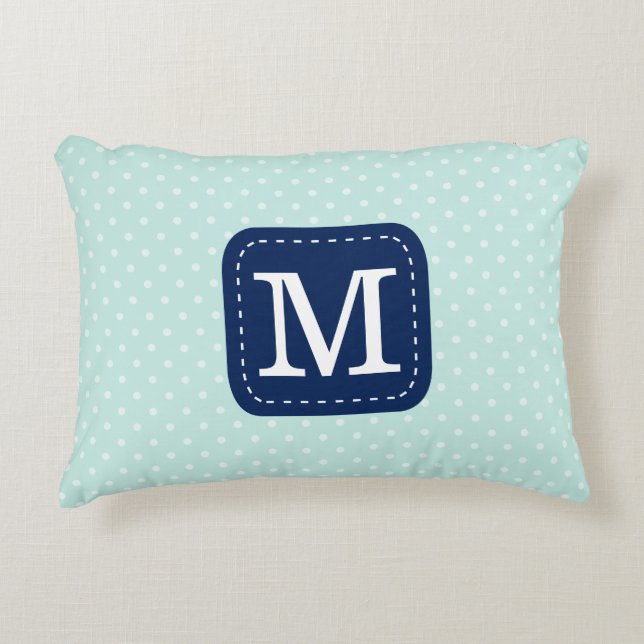 Modern Mint Blue Polka Dots Personalised Monogram Decorative Cushion (Front)