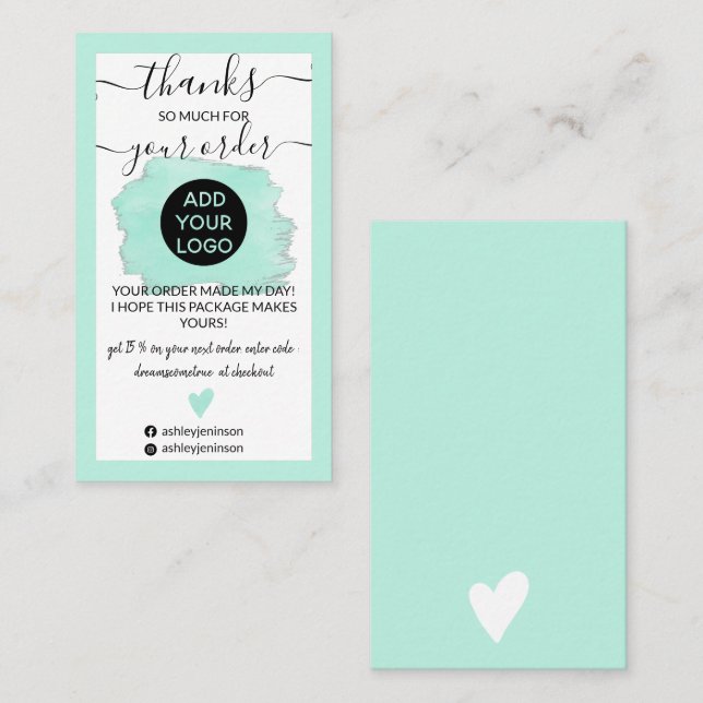 Modern mint brushstroke logo border thank you business card (Front/Back)