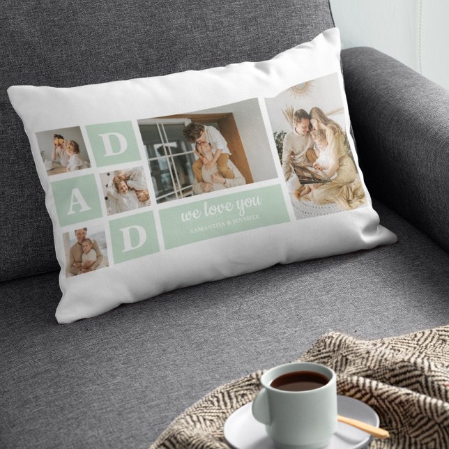Modern Mint Collage Photo Dad Best Gift Lumbar Cushion (Creator Uploaded)
