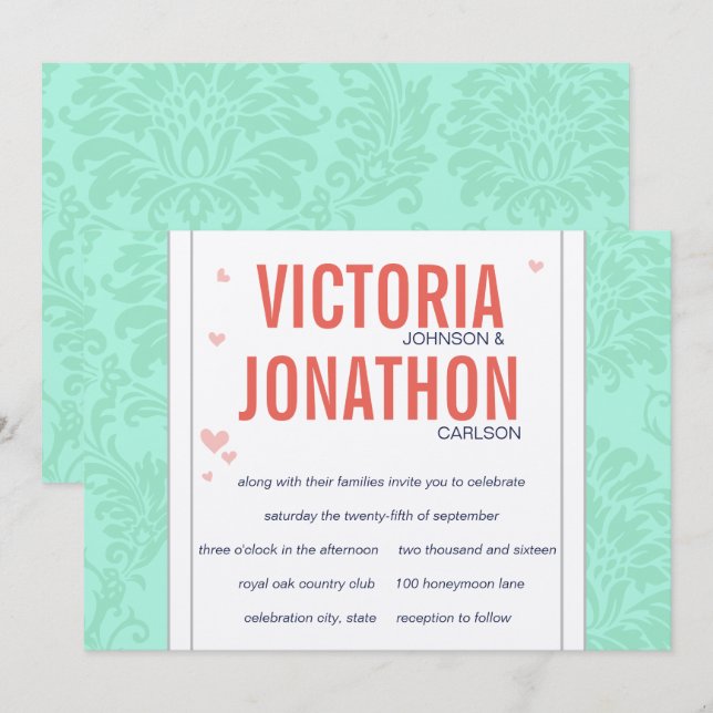 Modern Mint  Damask Wedding Invite (Front/Back)
