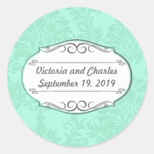 Modern Mint Damask Wedding Invite Classic Round Sticker