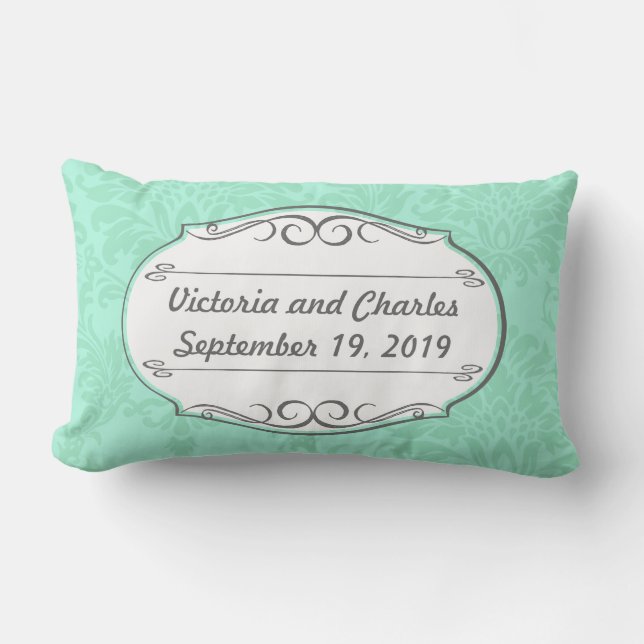 Modern Mint  Damask Wedding Invite Lumbar Cushion (Front)