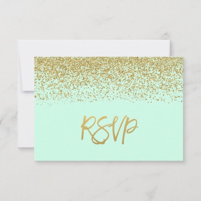 Modern Mint Faux Gold Glitter RSVP Card (Front)