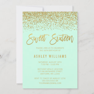 Modern Mint Faux Gold Glitter Sweet 16 Birthday Invitation