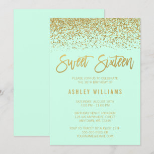Modern Mint Faux Gold Glitter Sweet 16 Birthday Invitation