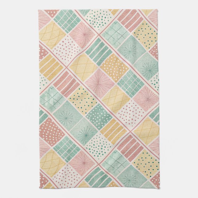 Modern Mint Geometric Polka Dot Plaid Pattern Tea Towel (Vertical)