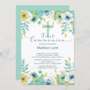 Modern Mint Gold Floral First Holy Communion Invitation